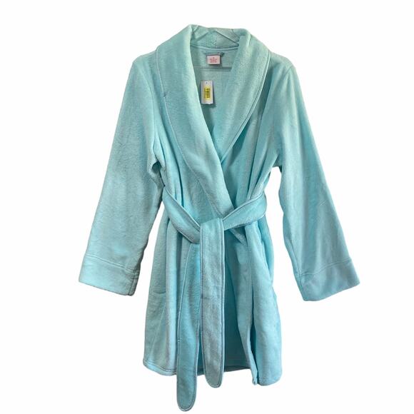 Sleep Sense Aqua Plush Below Knee Length Robe Attached Belt Size Medium - Picture 1 of 8